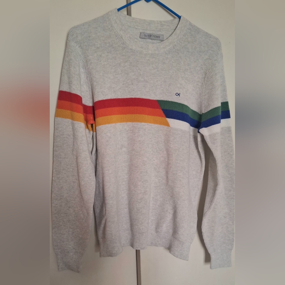 Outerknown Light Gray Sweater with Red Orange Yellow Green Blue Stripes